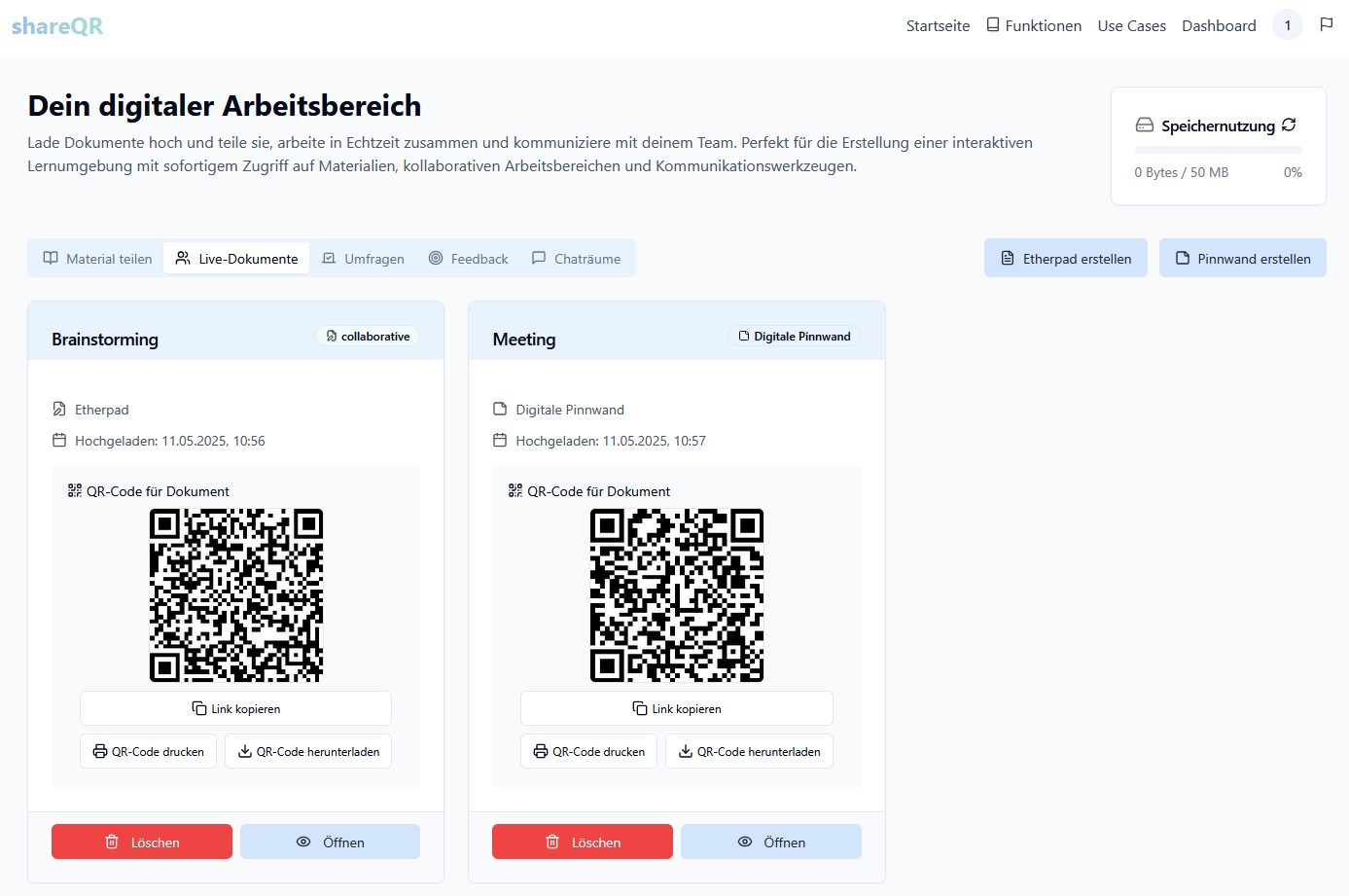 shareQR Dashboard in action